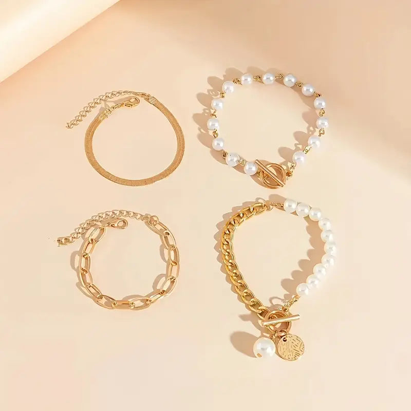 Chic Gold 4-Piece Bracelet Set – Snake, Pearls & Links | Gold