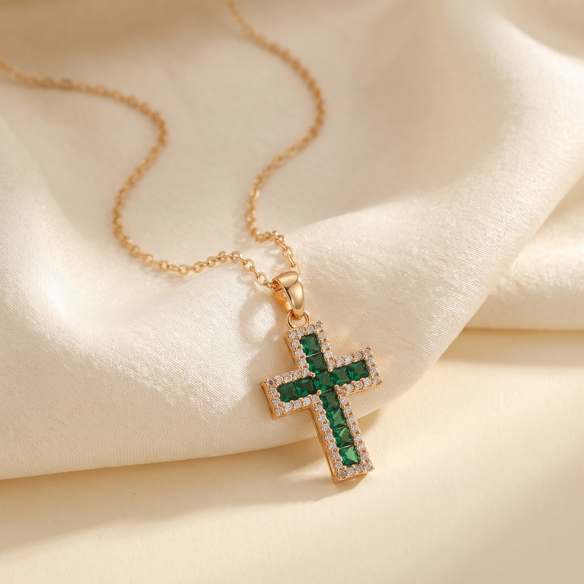Solene Emerald Cross Pendant Gold Necklace