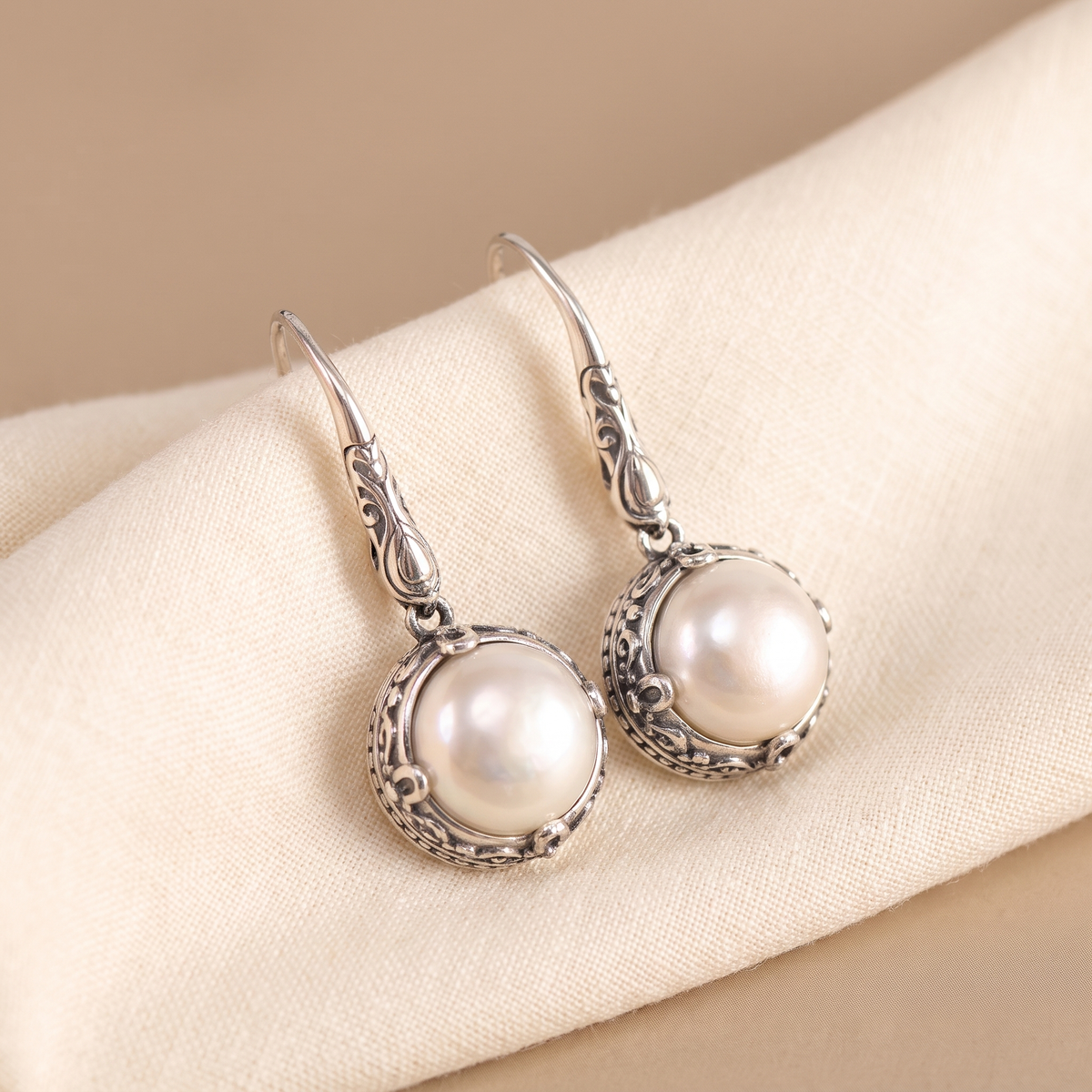 Vintage Inlaid Silver Pearl Earrings